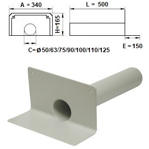 Покрівельна переливна воронка парапетна з ПВХ, кругла труба ∅50/63/75/90/100/110/125 мм, L=500 мм, кут фланця 90° (для мембрани)